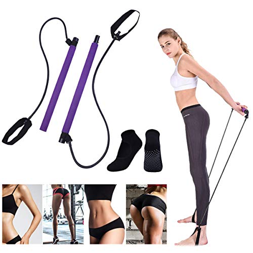 Portable Pilates Resistance Stick Kit with Workout Socks Adjustable Exercise Stretch Band Yoga