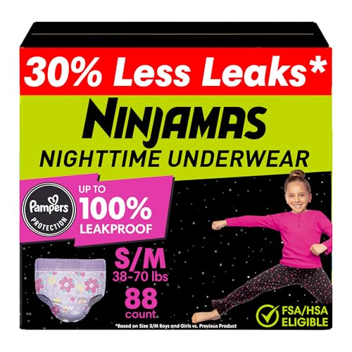 Ninjamas Girls Bedwetting Nighttime Underwear Size S/M (38-70 lbs) 88 Count Overnight Protection Ultra Absorbent Hypoallergenic