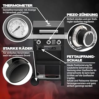 TAINO WABAYA 3+0 Gasgrill Grillwagen 3 Brenner Keramik Sear-Burner Piezo-Zündung Thermometer Warmhalterost Schwarz Matt
