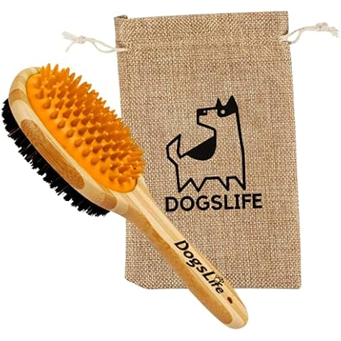 Bamboo Dog Brush with Silicone Massager for Dog Grooming | Massaging & Bathing | Free Reusable Eco-friendly Bag | Proven Double Sided Pet Brush Perfect For Long, Medium & Short Haired Dogs.… Cover