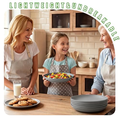 Image of 6PCS 10 In Lightweight Plates, Reusable Plastic plates for Ktichen | Dishwasher Safe & Microwave Safe Plastic Plates for Outdoor and Family Meals - Grey
