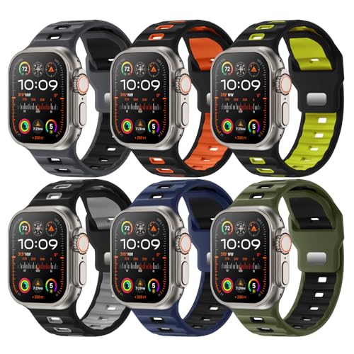 Image of Sport Bands 6-Pack Compatible with Apple Watch Ultra 3 /2 Band 49mm 46mm 45mm 44mm 42mm, Wide Soft Silicone Wristbands Waterproof Strap Men for iWatch Series 11 10 9 8 7 6 5 4 3 SE Ultra