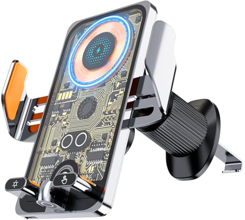 Wireless Car Charger Vent Mount, Car Phone Holder 15W Fast Charging, Auto Clamping Air Vent Phone Mount for iPhone 15/15 Pro/15 Pro Max, Samsung Galaxy (Silver)