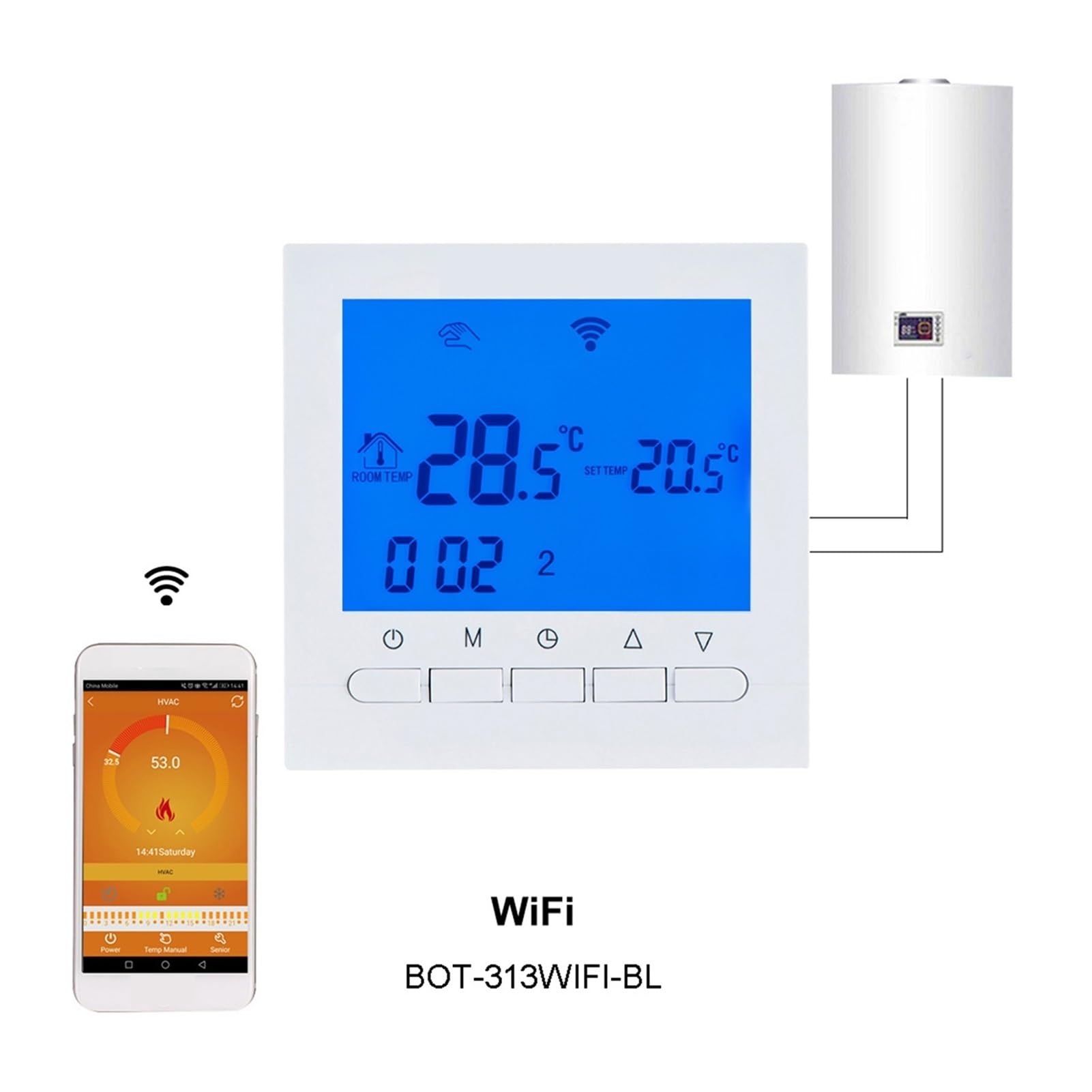 Inteligentny termostat, Bezprzewodowy lub WiFi Smart Thermostat Regulator Kocioł Gasowy Ogrzewanie Tygodniowy programowalny regulator temperatury działa(BOT-313WIFI-WH)