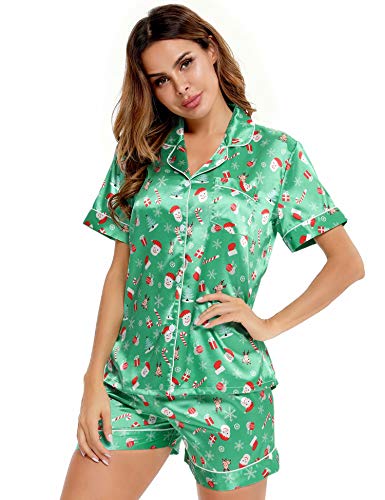 Image of SWOMOG Womens Silk Satin Pajamas Set Short Sleeve Sleepwear Button Down Top and Shorts Loungewear 2 Piece Pjs Set XS-3XL