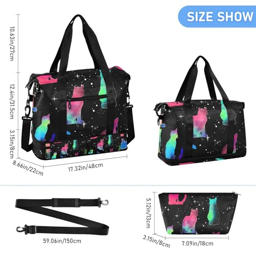 ALAZA Sports Duffel Bags with Toiletry Bag Set,Dreamy Cat Pattern Travel Duffel Bags Multi Pockets Weekend Bag3