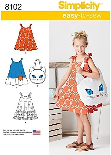 Simplicity 8102 Girl's Cat Tote Bag and Sundress Sewing Pattern, Sizes 3-8