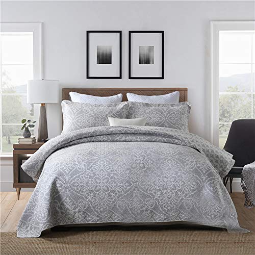 Parure de lit King Size 230x250 cm en coton blanc et gris matelassé avec 2 taies