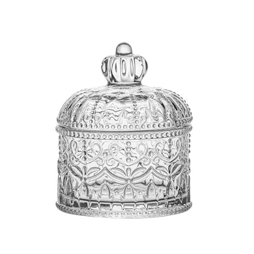 URBEHAKXM Decorative Glass Candy Dish with Crown Lid, Crystal-Look Storage Container, Vintage Pattern Design,4.4in3.6in