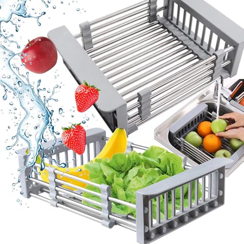 Escurridor Fregadero Ajustable Acero Inoxidable – Cesta para Lavar Verduras, Frutas y Vajilla – Extensible, Antideslizante, Multiuso para Cocina