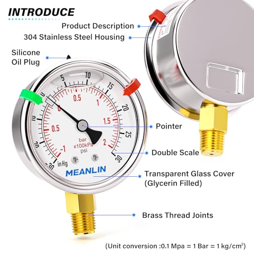 Image of MEANLIN MEASURE -30inHG~30Psi Vacuum Pressure Gauge 1 /8 inch NPT 2.5 inch FACE DIAL, Stainless Steel Liquid Filled Pressure Gauge WOG Water Oil Air Lower Mount (with 2PCS Snaps)