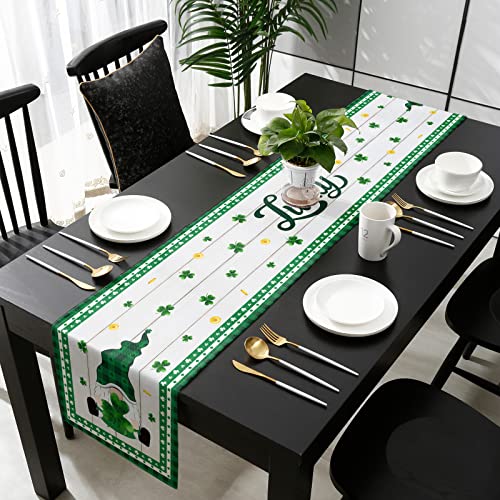 Cotton Linen Table Runners 13X90In Heat-Insulation Dresser Scarf Happy St. Patrick's Day Cute Gnome On Rustic Wood Grain Soft Table Setting For Farmhouse Party & Home Decor #TOP2