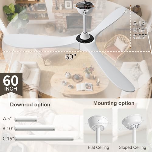 Image of White 60 inch Ceiling Fan with Light and Remote, Modern Outdoor Ceiling Fans with Lights for Indoor Living Room Patios Porch Bedroom 3 Blade Propeller High CFM Wet Rated Wooden Fan