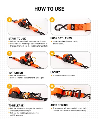 Strapinno 2PCs Retractable Ratchet Tie-Down Straps,5,000 lbs Break Strength- 2 in x 12 ft Heavy Duty Ratchet Strap with Safety Lock S Hooks for Motorcycles, ATVs, UTVs, Lawn Equipment & Cargo-Orange - Image 5