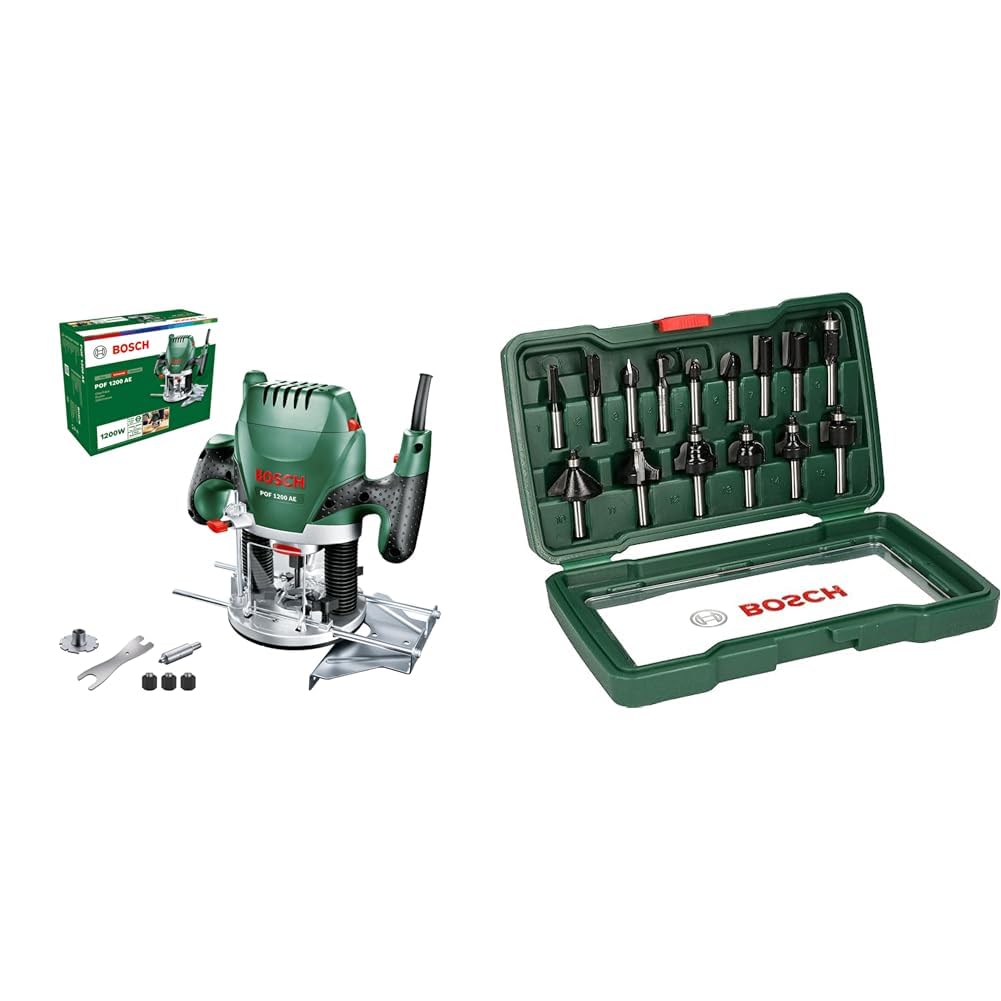 Bosch 060326A100 Frezarka Górnowrzecionowa, 1200 W, 230 V, Zielony/Czarny & Bosch Professional 2607019469 Zestaw Frezów, Srebrny/Czarny, 15 Elementów