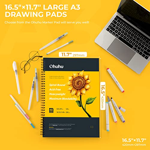 Image of Ohuhu Marker Pads Art Sketchbook, 16.5 inchx11.7 inch XL A3 Large Paper Size, 120 lb /200 GSM Heavy Smooth Drawing Papers, 48 Sheets /96 Pages, Spiral Bound Sketch Book for Alcohol Markers Christmas Gift