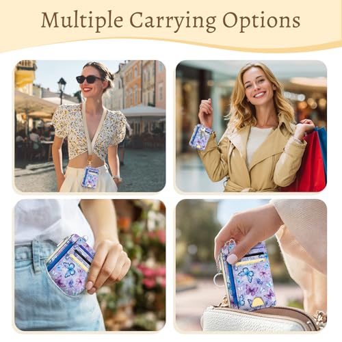 Image of Kelvoris Butterfly Credit Card Holder Slim Wallet Women Small RFID Keychain | Keychain, Zipper Coin Pocket, Front Pocket Thin Travel Card Case, Minimalist, 6 Card Slots, 1 ID Window, Ladies Gifts Woman