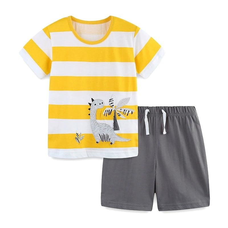 Image of Baby Boys' Summer Clothing Set, 2 Piece Cotton Toddler Boy Outfits 2-6T | Short Sleeve T Shirt and Short, Soft Breathable Infant Boy Clothes, Crewneck, Elastic Waist Shorts, Dinosaur /Car Print