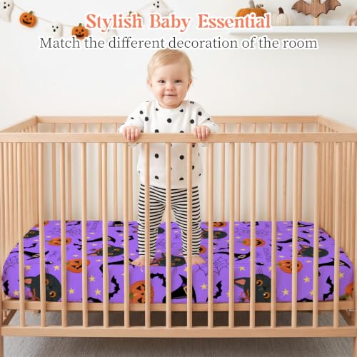 Image of JISEN Halloween Fitted Crib Sheets for Boys Girls 52x28 Inch Cat Purple