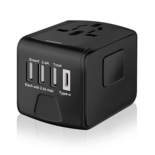 Universal International Travel Power Adapter W/High Speed 2.4A USB, 3.0A Type-C Wall Charger, European Adapter, Worldwide AC Outlet Plugs Adapters for Europe, UK, US, AU, Asia-Black