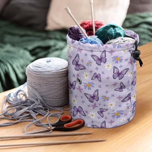 Image of Sellikakes Purple Butterfly Yarn Bag Crochet Storage Organizer, Knitting Crochet Storage Bag for Crocheting Project, Store Skein Ball, Short Knitting Needle Sewing Supplies Accessories