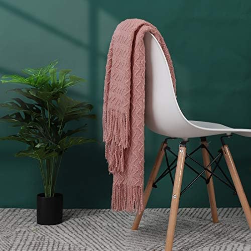PiccoCasa 100% Acrylic Knit Throw Blanket Wave Pattern Soft Lightweight Decorative Knitted Blanket with Tassels Fringe for Couch, Bed, Sofa, Travel, 50x60 Inch, Pink