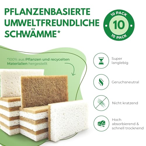 AIRNEX Biologisch Abbaubarer Spülschwamm 10er Set – Kompostierbarer Naturschwamm Aus Zellulose und Kokosfasern Mit Topfreiniger– Umweltfreundlicher Putzschwamm – Geruchloser Küchenschwamm Sponge