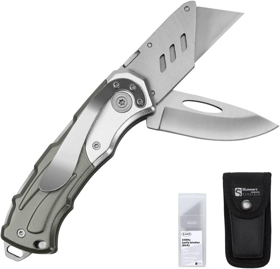 Heavy Duty Folding Utility Knife Dual Blade/Box Cutter/Work knife Safe Lock-Back with Cilp+ Nylon Pouch+5 Extra SK5 Blades Grey