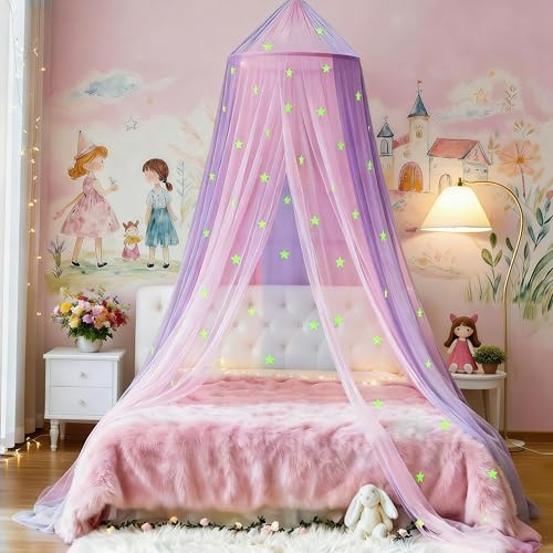 Image of Two-Tone Bed Canopy Mosquito Net, Bed Canopy for Girls Room Decor - Insect Protection Hanging Canopy for Indoor(Pink+Purple,Stars Glow in the Dark)