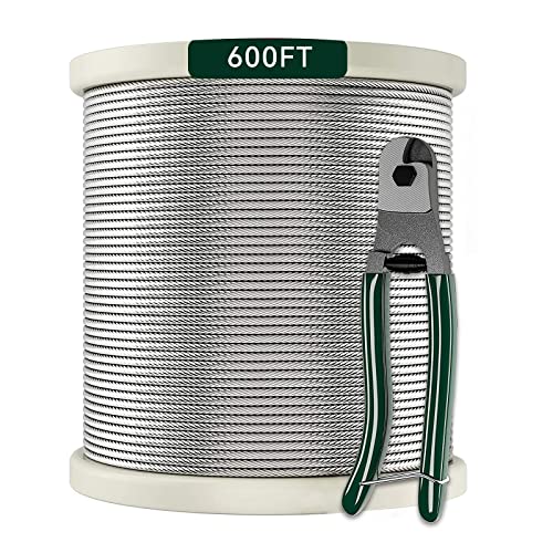 1/8 Stainless Steel Cable With Cutter7X7 Strands Construction,T316 Stainless Steel For Deck Railing,Porch Fence,String Lights Hanging Wire 600Ft #TOP20