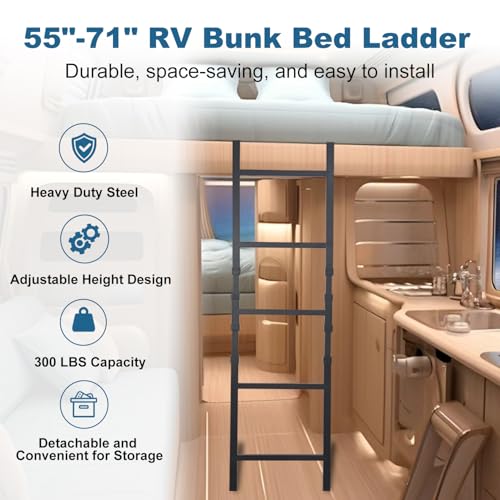 Image of RV Bunk Bed Ladder, Upgraded - Adjustable Height 55 inch-71 inch, Telescoping Heavy Duty Travel Trailer Bed Ladders with 4 Hook and Foot Caps, Anti-Slip Ladder for Home Dorm Appartments, Load 300 LBS -Black