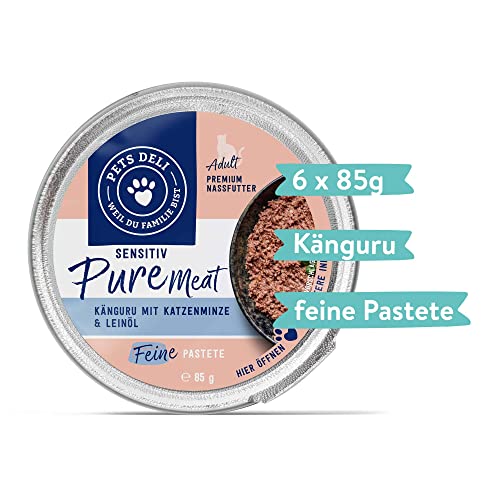 Pets Deli Pure Meat Sensitiv Katzen Nassfutter Känguru & Katzenminze, bei sensiblem Magen & Allergien, getreidefrei, ohne Zucker, 6x85g, Premium Qualität