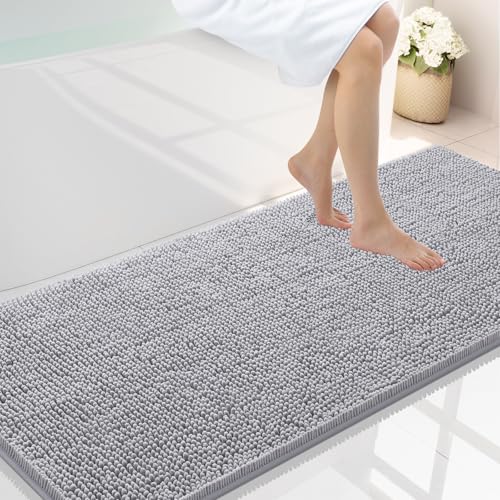 Smiry Luxury Chenille Bathroom Rugs 59x24, Extra Soft and Absorbent Shaggy Bath Mat, Machine Washable, Non-Slip Plush Carpet Runner for Tub, Shower, and Floor, Home Decor Accessories, Light Grey
