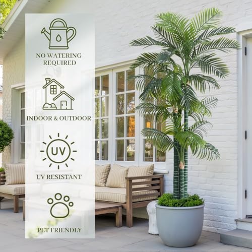 Image of 8.5FT Artificial Golden Cane Palm, 4 Trunks Large Faux Palm Tree | Realistic Foliage, UV Resistant, Indoor /Outdoor Fake Plant in Pot, Tropical Decor for Patio Living Room Office, Easy Setup