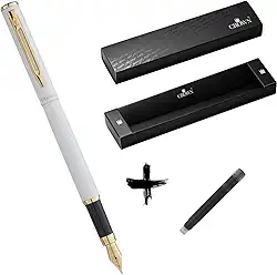 Kit Caneta Crown Capricci Tinteiro Ponta de Pena Iridium Alemã + Case Exclusiva Crown + Refil Extra Preto (Branco)