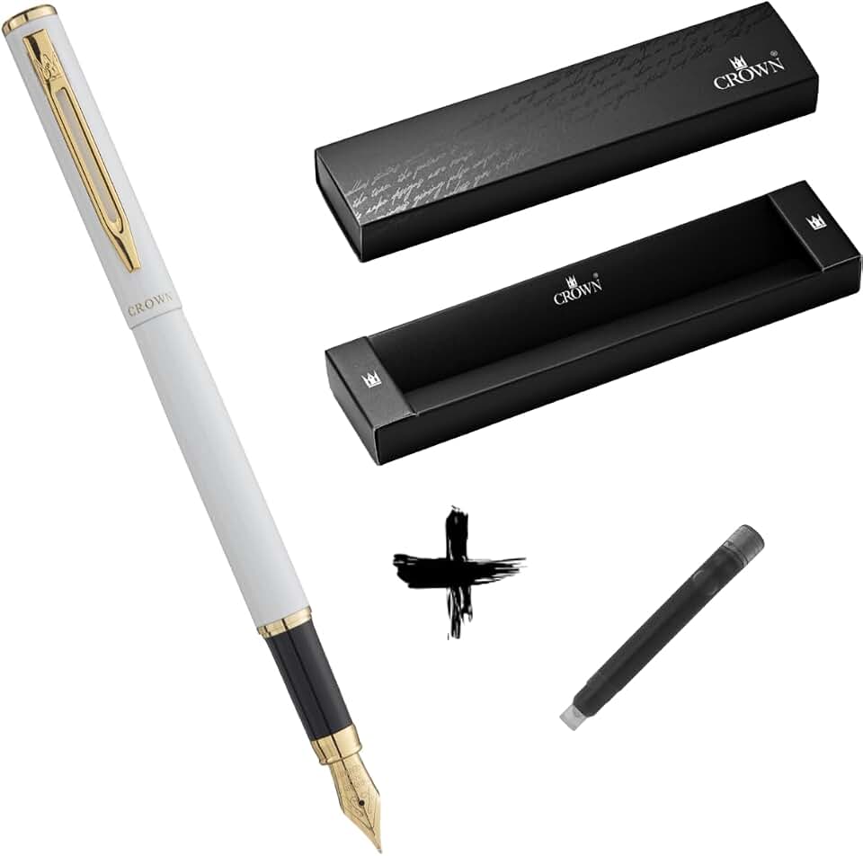 Kit Caneta Crown Capricci Tinteiro Ponta de Pena Iridium Alemã + Case Exclusiva Crown + Refil Extra Preto (Branco)