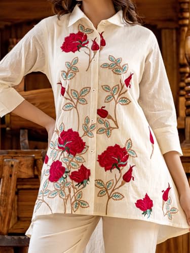 Image of INDO ERA Women's Off White Pure Cotton Printed A-Line Kurta & Pant Set | Cord Set For Women Cotton