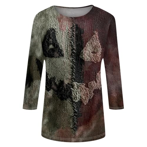 Image of Women Spooky Halloween Graphic Shirt 3 /4 Length Sleeve Crewneck Top | Halloween Funny Printed Pumpkin Plus Size Tshirts 2026 Fall Outfits Skeleton Tee Going Out Tops