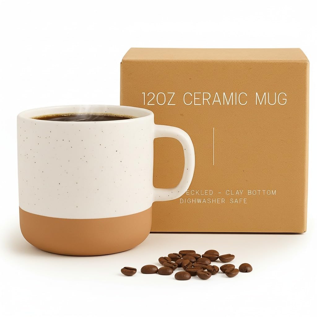 Givenne Handcrafted Speckled Ceramic Coffee Mug 12 oz, Rustic White Stoneware Cup with Clay Base, Single Coffee or Tea Mug Gift
