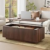 FABATO Mid Century Modern Coffee Table, Wooden Fluted Center Table with Large Hidden Compartment, 41.7” Rectangle with Round Corners, Lift Up Farmhouse Wood Table for Living Room, Home Office, Walnut