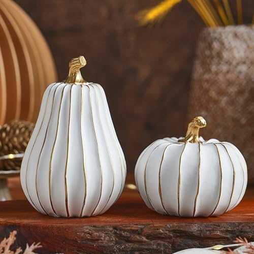 Pumpkin Fall Decor, White and Gold Pumpkins for Decorating Thanks...