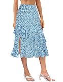 Kate Kasin Womens Summer Ruffl Floral Tiered Skirt Beach Split Boho Skirt Blue Floral XL KK0549S23
