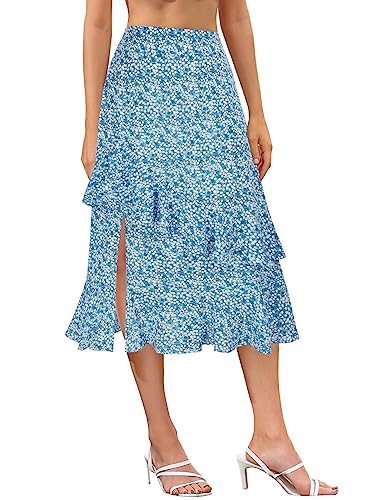 Kate Kasin Womens Summer Ruffl Floral Tiered Skirt Beach Split Boho Skirt Blue Floral Xl Kk0549S23 #TOP6