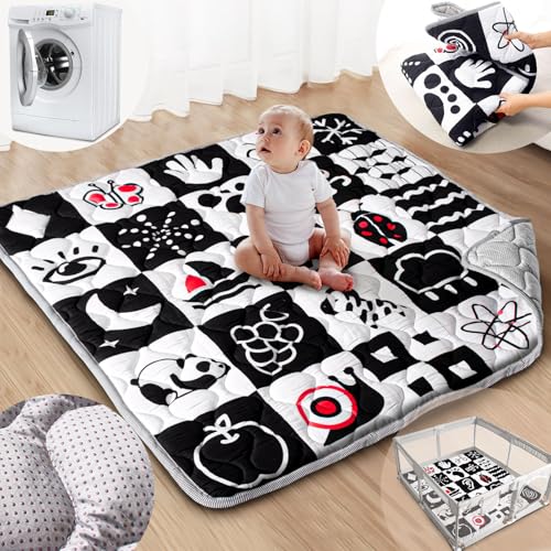 Image of Beavtaens Baby Play Mats for Floor, Upgraded Thick Soft 50x50 Playpen Mat, Anti-Slip Bottom, Foldable and Machine Washable Playmat for Babies and Toddlers Infants(High Contrast)