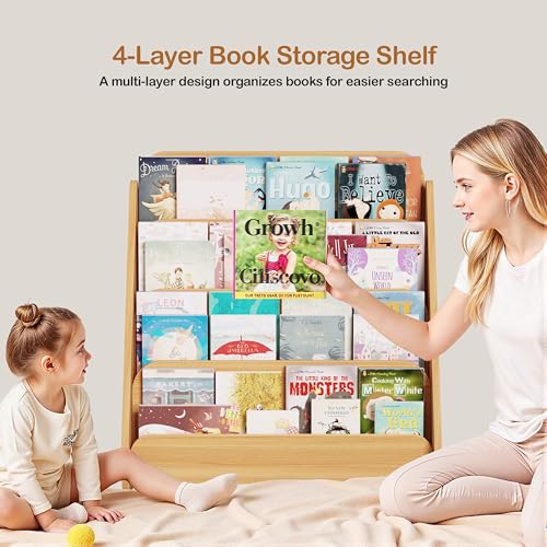 Image of Lkeiyay Montessori Kids Bookshelf, Wooden 4-Tier Front Facing Book Organizer for Nursery Classroom Kids Room