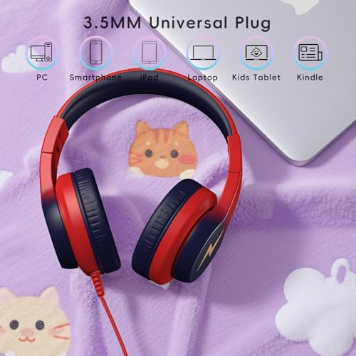 Image of Candy Bila Kids Headphones, Wired Headphones for Kids Over Ear with Microphone, 85 /94dB Volume Headphone for Girls Boys, Foldable Headphone for Learning & Entertainment, Gradient red to Dark Blue