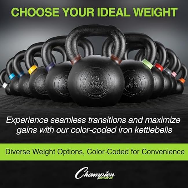 Champion Sports Rhino Fitness 5LB to 60 LB Iron Kettlebells - Full Body Powder Coated - Textured for Improved Grip - Color Coded handles