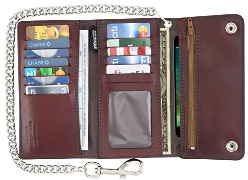 Men's Tri-fold Vintage Long Style Cow Top Grain Leather Steel Chain Wallet,Made In USA,Snap closure,ab339,Antique-brown2