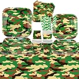 Decoraciones de fiesta de camuflaje, vajilla de fiesta de camuflaje, platos de cena, platos de postre, tazas, servilletas, manteles y pajitas para camuflajes, caza, suministros de fiesta del ejército