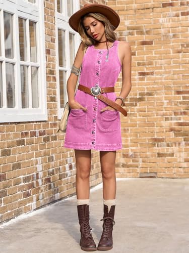 Image of Yousify Womens Casual Sleeveless Denim Overalls Dresses Button Down Summer Jean Mini Dress 2025 Trendy Romper With Pockets